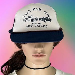 Vintage 90s Tim Body Shop Edon Ohio Mesh Trucker Dad Hat Snapback Baseba…
